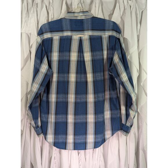 Lee Blue/Ivory Plaid Cotton Button Up Long Sleeve 1 Pocket Vintage Size Large - Picture 10 of 12